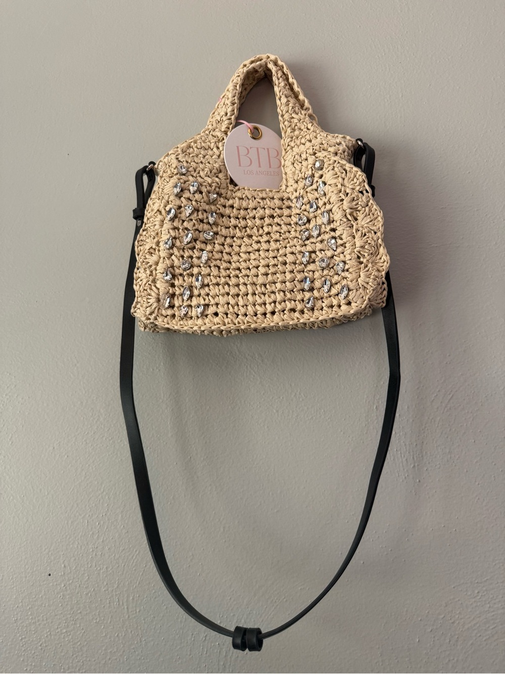 BTB Los Angeles Beige Crochet Tote with Crystal Embellishments - Picture 2 of 7